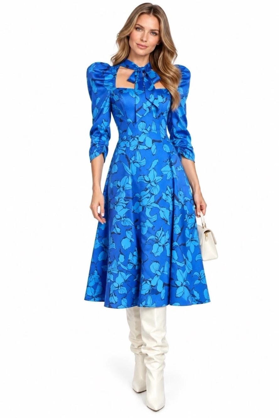 NWT Black Halo Mirabel Blue Floral Bow Neck Puff Sleeve Midi Dress Size 6